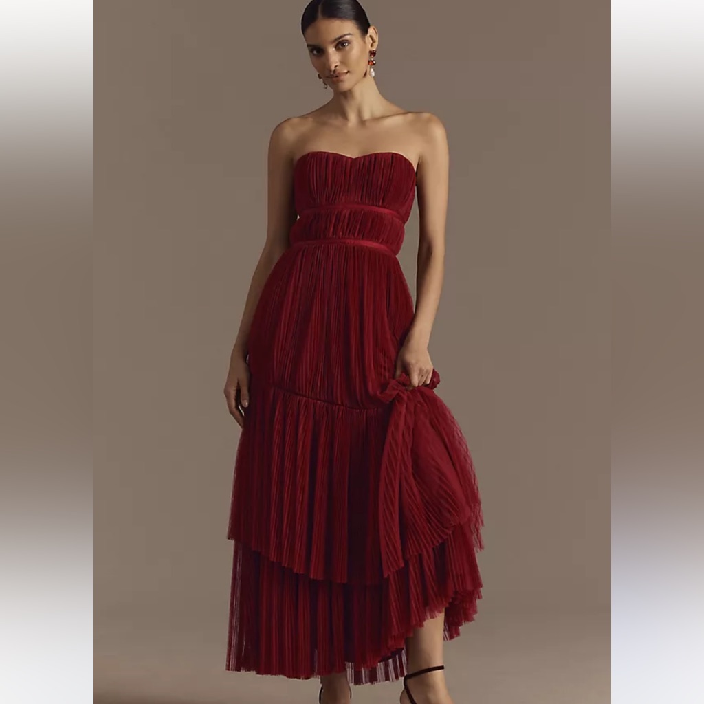 Anthropologie Hutch Tulle Red Strapless Tiered Gown
